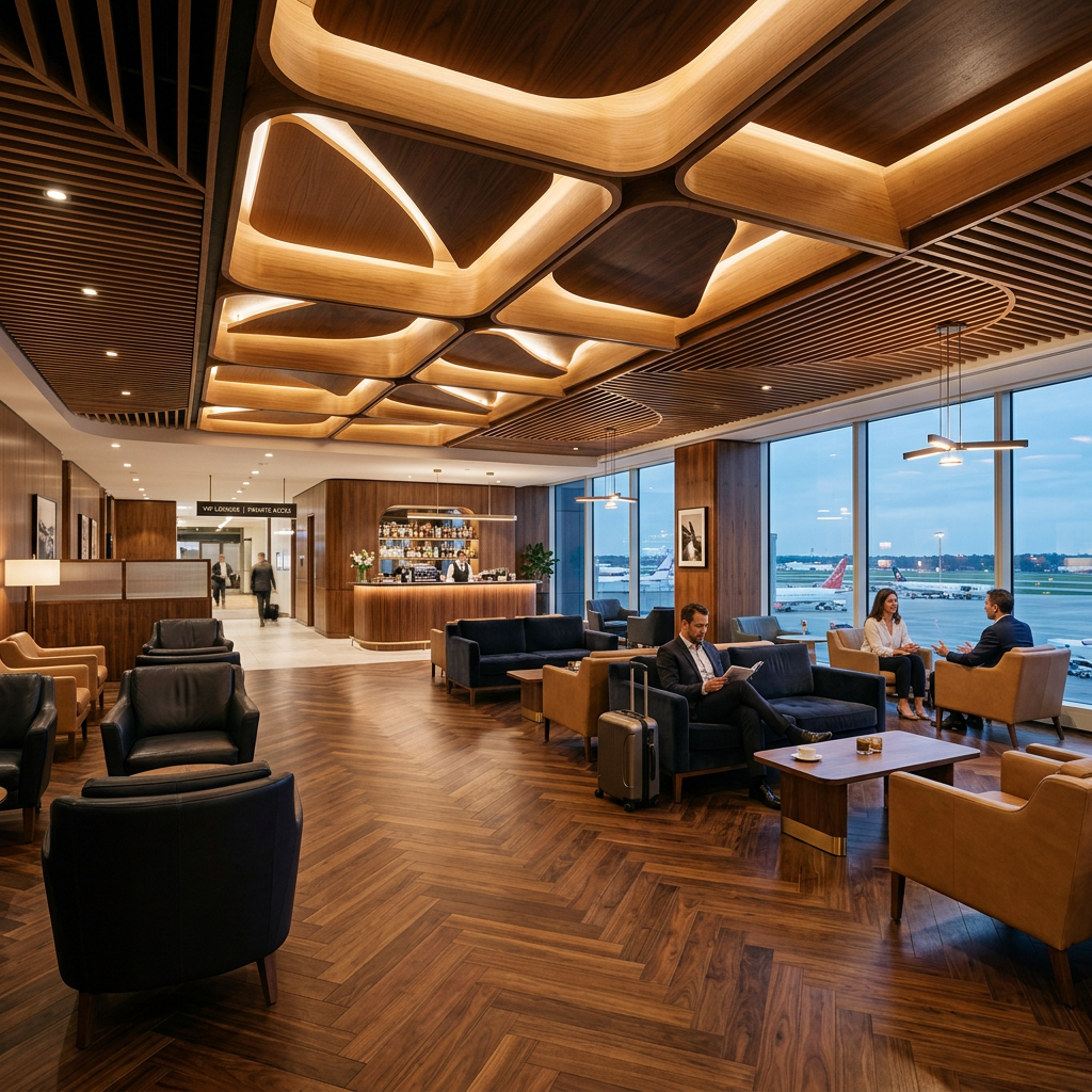 Airport lounge with modern wooden ceiling, comfortable seating, and large windows showing runway and airplanes