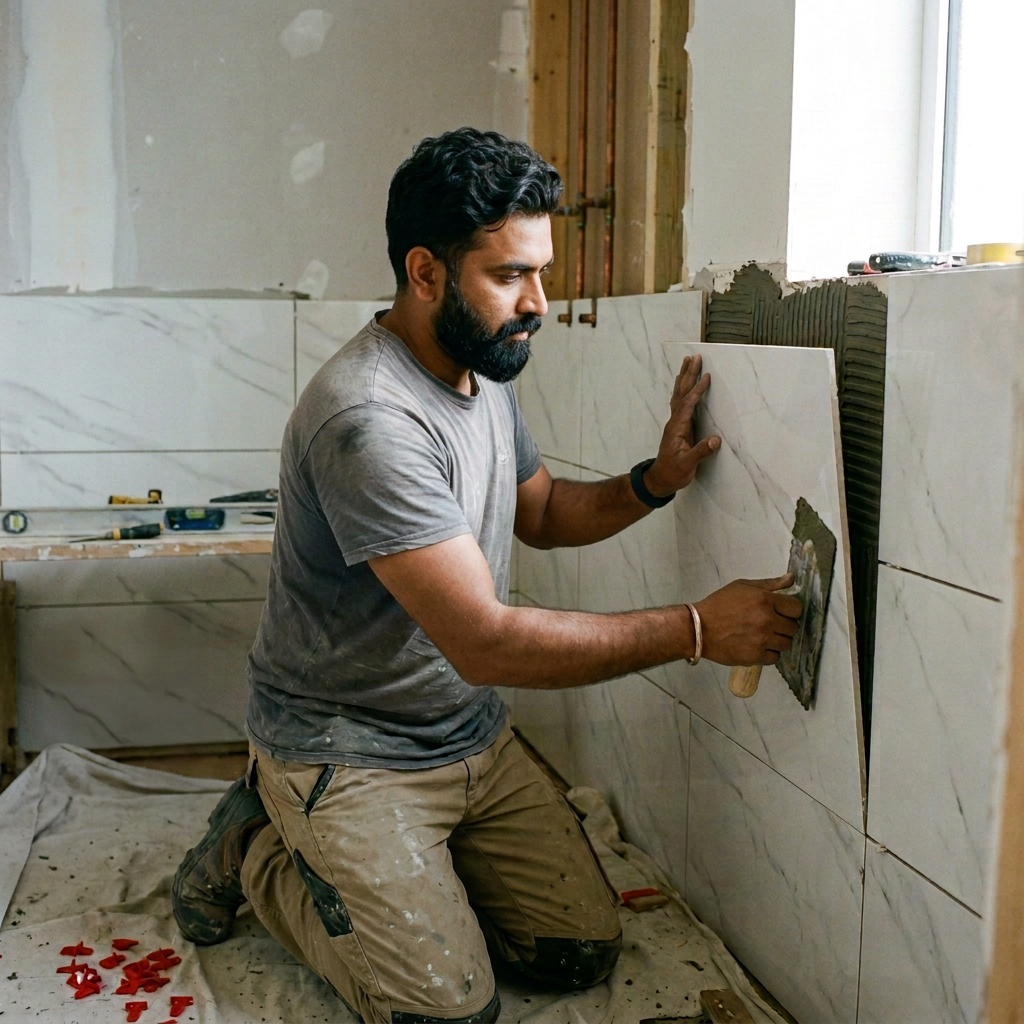 Worker kneeling and installing marble-patterned wall tiles with cement adhesive